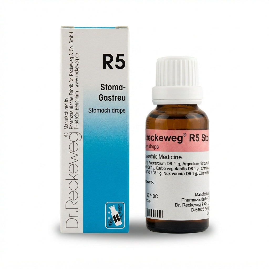 Dr. Reckeweg R5 Stoma-Gastreu Stomach Drops 22ml bottle and box front view Germany