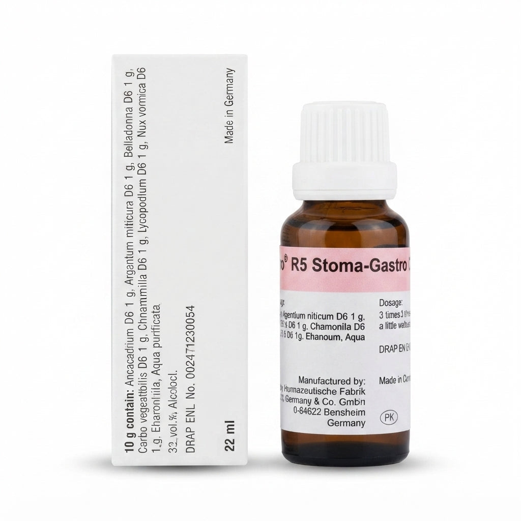 Original Dr. Reckeweg R5 Stoma-Gastreu 22ml bottle and packaging for stomach and digestive support