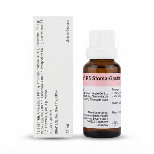 Original Dr. Reckeweg R5 Stoma-Gastreu 22ml bottle and packaging for stomach and digestive support